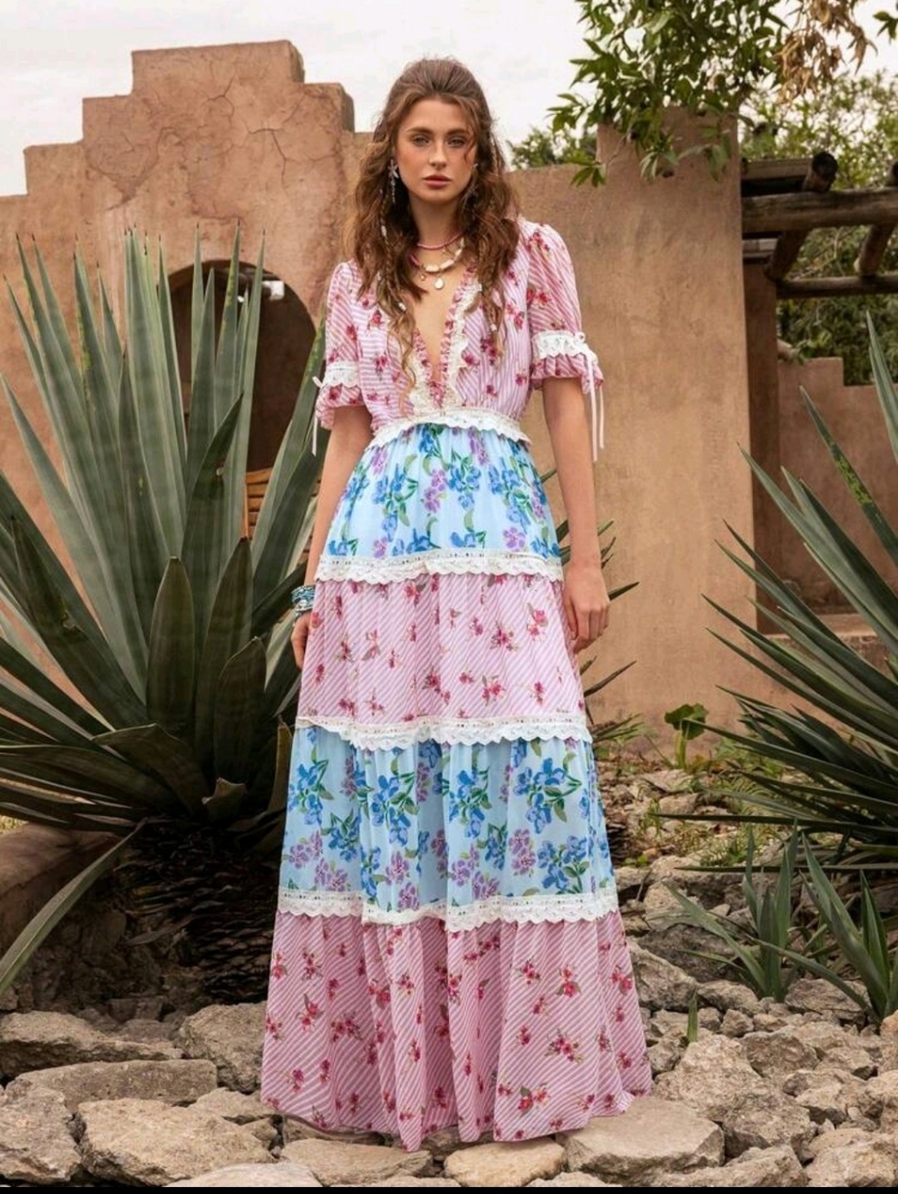 Floral Tiered Maxi Dress in Pink and Blue - Picture 3 of 16